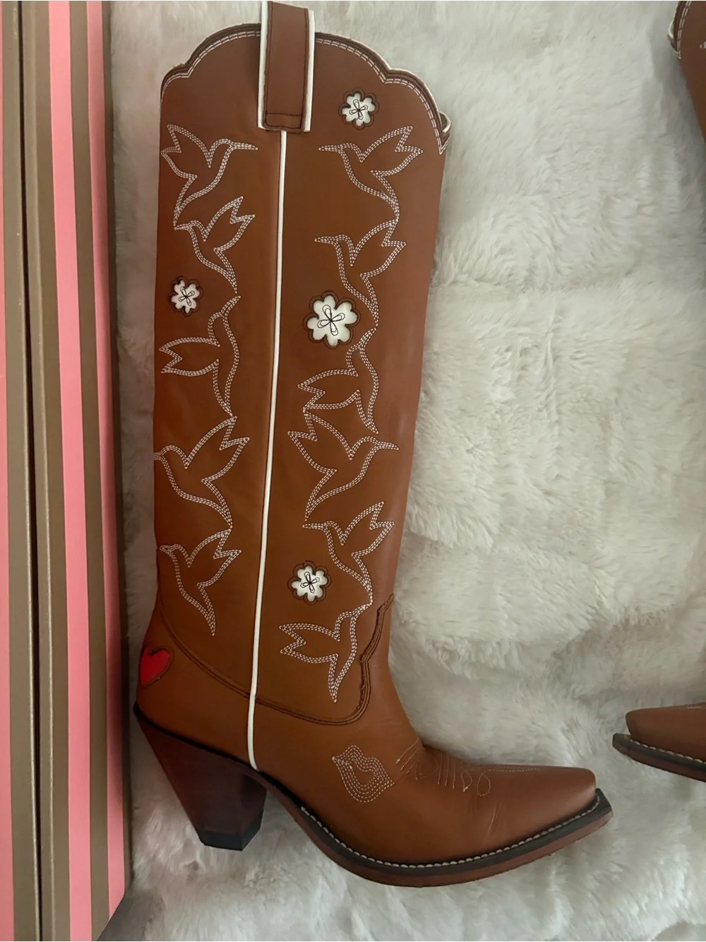 Besita Boots Honey Embroidered Western Boots Knee High Cowboy Brown White